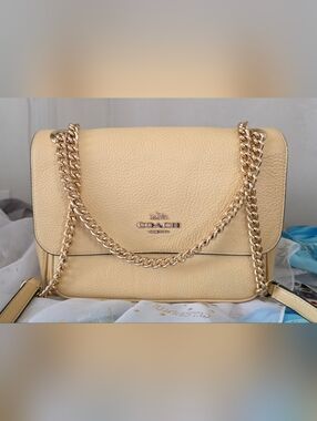 COACH Pebbled Leather Shoulder Bag in Beige with Gold Chain